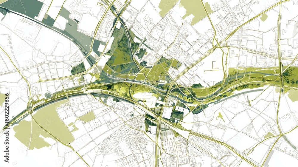Obraz premium Urban planning blueprint showing green spaces and transportation infrastructure integrating with city blocks on a conceptual map for sustainable development and ecological design