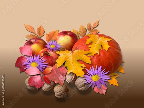 Autumn arrangement of pumpkin, flowers, leaves and nuts