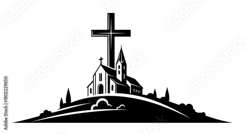 A church with a cross on top of a hill, rendered in black and white vector format.