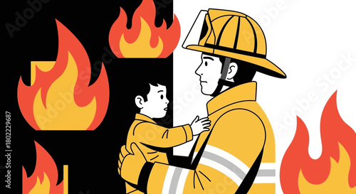 Firefighter in uniform rescuing a child from a fire, depicted in a stylized, graphic illustration.
