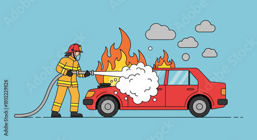 A firefighter in uniform uses a hose to extinguish a car engulfed in flames.