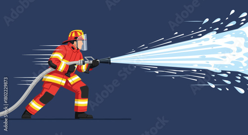 A firefighter in uniform aiming a water hose, spraying a powerful stream.