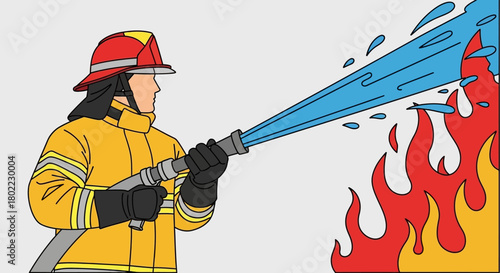 Firefighter in uniform extinguishing a fire with a powerful water hose.