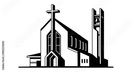 A black and white illustration of a church building with a cross and bell tower.