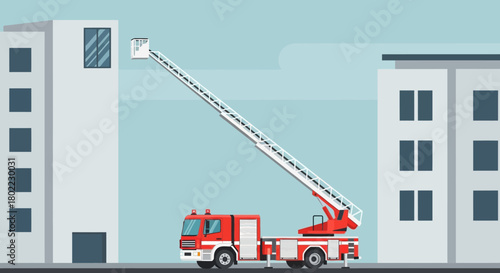 A fire truck with an extended ladder reaching a building window during an emergency.