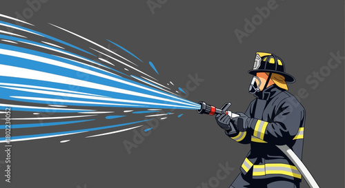 A firefighter in uniform aiming a water hose, spraying a powerful stream.