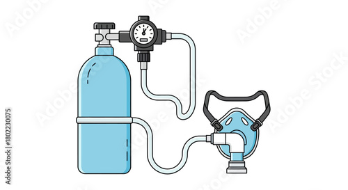 Medical illustration of an oxygen tank connected to a regulator and a face mask.