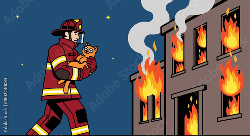 A firefighter rescues a cat from a burning building at night.
