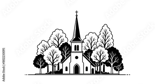 Illustration of a church with a steeple surrounded by trees in a black and white design.