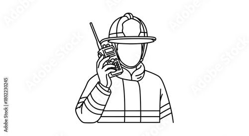 A firefighter in uniform communicates using a handheld radio device.