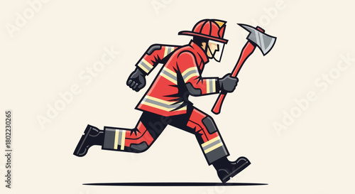 A cartoon firefighter in full gear, running with an axe in hand.
