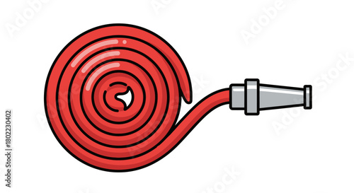 A coiled red fire hose with a silver nozzle, ready for use.