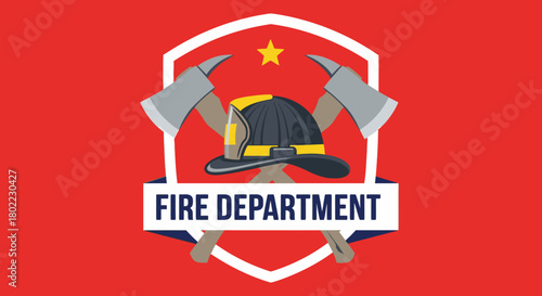 Fire department emblem featuring a helmet, crossed axes, a star, and a banner on a red background.