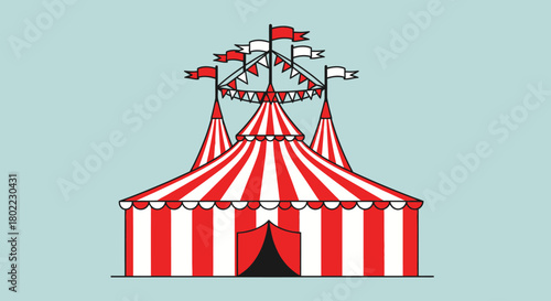 Illustration of a red and white striped circus tent with flags on top, against a light blue background.
