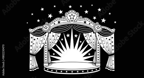 An ornate stage with curtains, a star-topped arch, and a burst of light, set against a starry night.