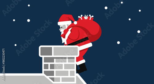 Santa Claus climbing down a chimney with a large bag of presents under a starry night sky.