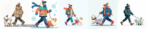 vector man walking with pet dog in winter
