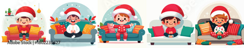 vector little boy sitting on sofa at christmas