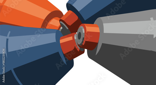 A colorful abstract illustration featuring three converging shapes in shades of orange, blue, and gray, creating a sense of unity and connection on white.