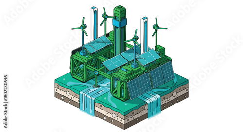 Isometric illustration of a sustainable power plant featuring solar panels and wind turbines, showcasing a commitment to renewable energy sources and environmental responsibility.