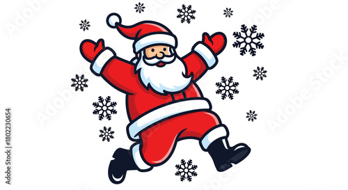 Cheerful Santa Claus happily jumping amidst falling snowflakes, celebrating Christmas.