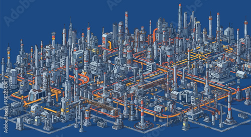 Isometric illustration showcases a complex industrial facility with intricate piping and structures against a blue backdrop, highlighting engineering design and infrastructure.
