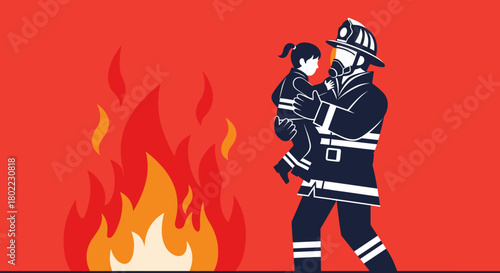 Firefighter rescuing a child from a burning building, with flames visible in the background.