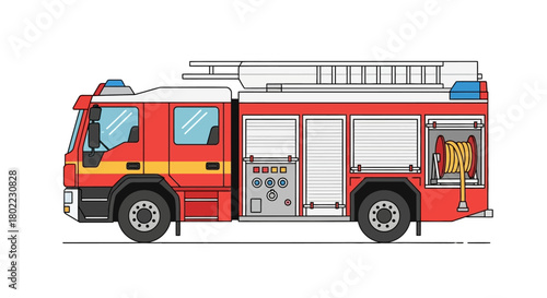Illustration of a red and white fire engine with a ladder on top, viewed from the side.