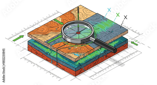 Isometric illustration showcases a geological survey with a magnifying glass examining terrain maps and subsurface layers, highlighting environmental science.
