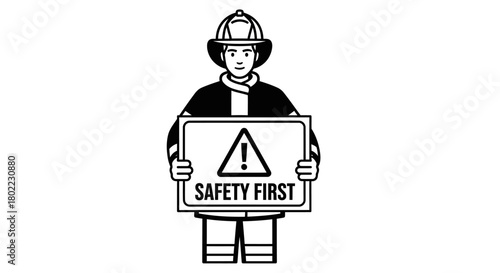 A firefighter holding a sign with a warning symbol and the words "Safety First".