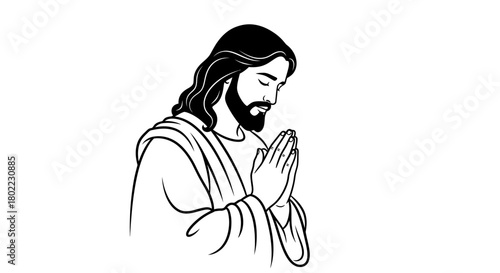 A black and white illustration of Jesus Christ in prayer, with hands clasped.