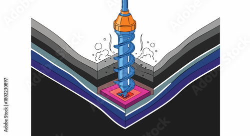A drill penetrates various layers of earth, showcasing the process of drilling or excavation with a focus on geological exploration and construction techniques.