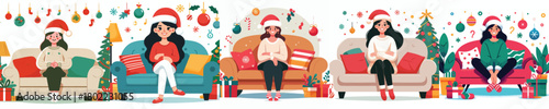 vector woman sitting on sofa at christmas