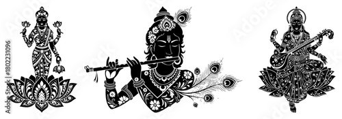 Hindu Deities Vector Set Lord Krishna Goddess Lakshmi and Saraswati Silhouette Illustration