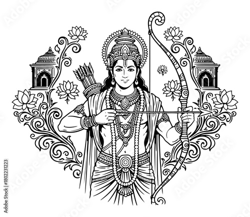 Lord Rama with Bow and Arrow Ornate Floral Frame Hindu God Line Art Illustration