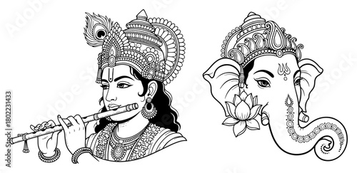 Lord Krishna and Lord Ganesha Head Portrait Line Art Vector Illustration Set