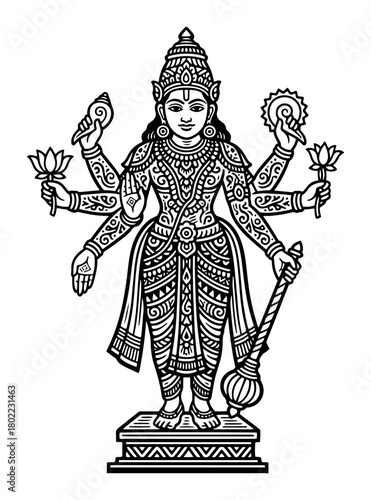 Ornate Lord Vishnu with Multiple Arms Hindu God Line Art Vector Illustration