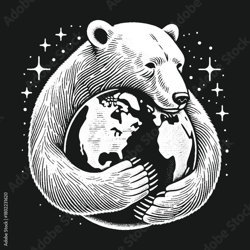 Polar Bear Hugging Earth: Environmental Conservation Concept.