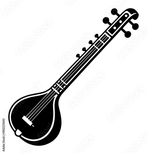 Sitar Indian String Musical Instrument Black Silhouette Vector Icon