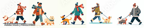 vector man walking with pet dog in winter