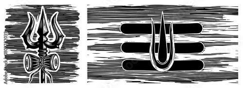 Lord Shiva Symbols Woodcut Style Vector Set Trishul and Tripundra