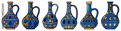 Traditional Indian Pottery Vector Set. Ornate Blue and Gold Ceramic Jugs Illustration.