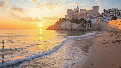 Peniscola castle at sunset spain landscape video