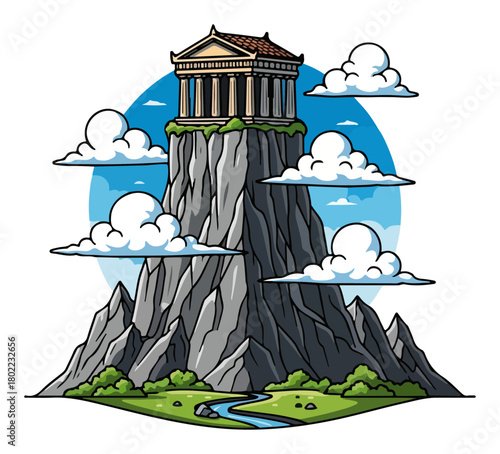 Greek Temple on Mount Olympus Peak Vector Illustration. Ancient Mythology Gods Home Cartoon Landscape.