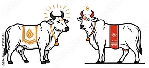 Photography Decorated Holy Indian Cow and Nandi Bull Vector Illustration