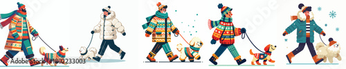 vector man walking with pet dog in winter