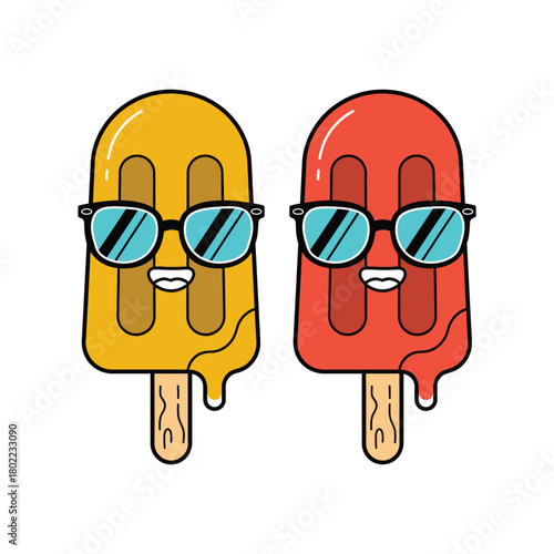 Cool Twin Popsicle Characters with Sunglasses and Melting Drips Vector illustration.eps