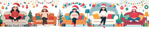 vector woman sitting on sofa at christmas