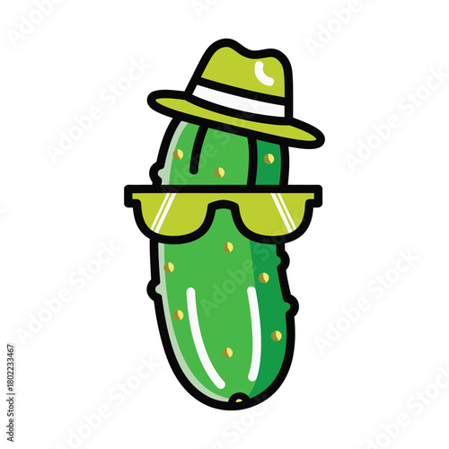 Green Pickle Character with Fedora Hat and Sunglasses Vector illustration.eps