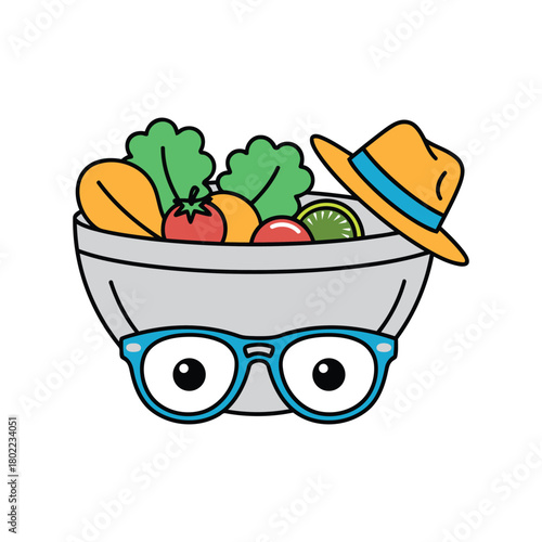 Vibrant Salad Bowl Character with Blue Glasses and Orange Fedora Hat Vector.eps